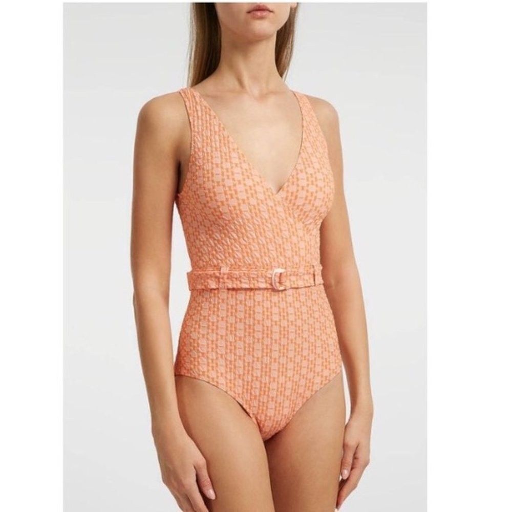 Lisa Marie Fernandez Yasmin Maillot Swimsuit Orange Two-Tone Seersucker Womens 2